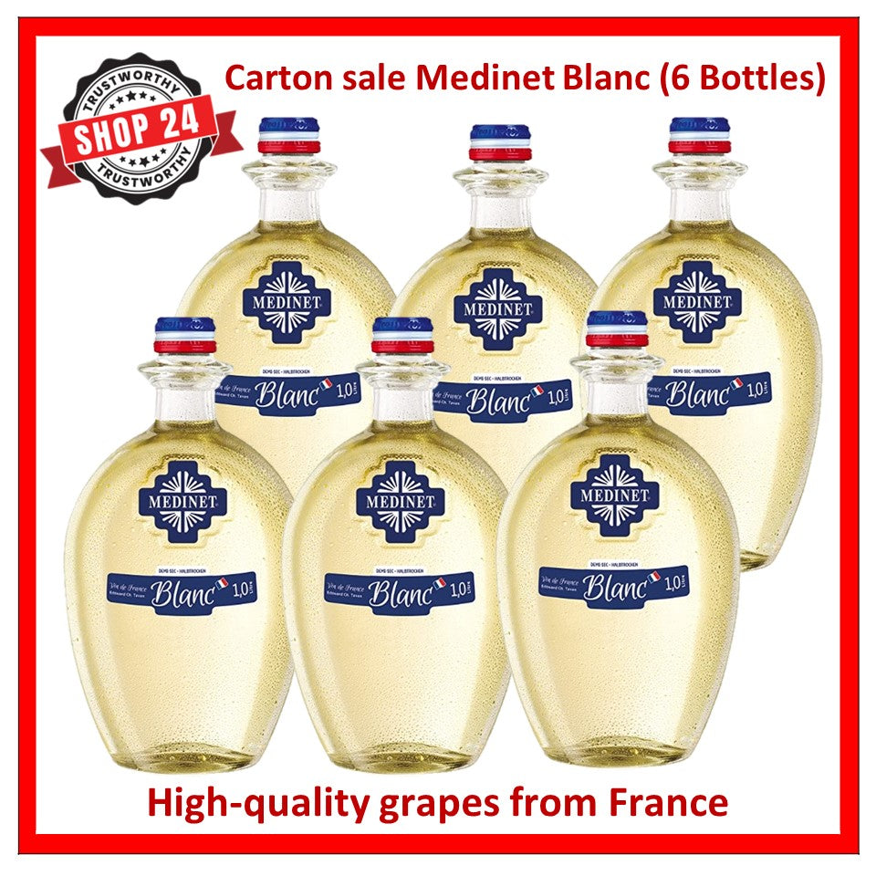 SHOP24 MEDINET BLANC 1000ml Wine Carton Sale(6 Bottles), High quality grapes from France, 11% alcohol