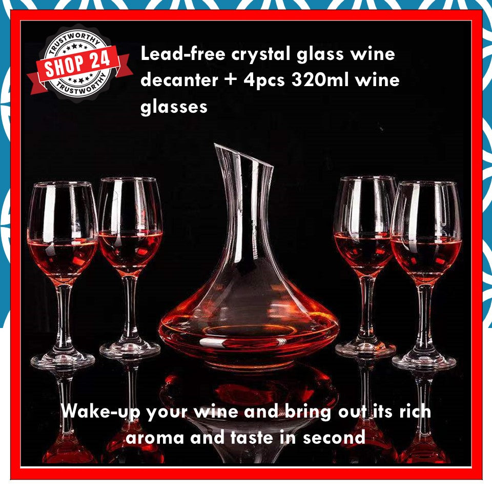 SHOP24 Crystal glass wine decanter red wine pourer container lead-free crystal glass material personality wake-up wine jug 1500ml with 4 pieces 350ml wine glasses