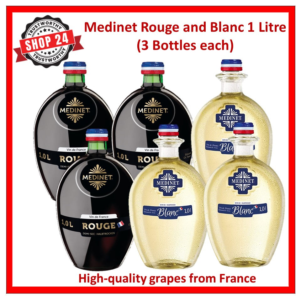 SHOP24 MEDINET ROUGE & BLANC 1000ml Red and White Wine Carton Sale(3 bottles each), High quality grapes from France