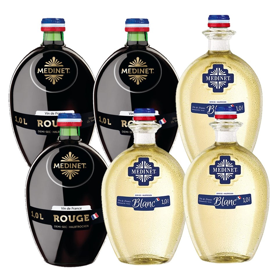 SHOP24 MEDINET ROUGE & BLANC 1000ml Red and White Wine Carton Sale(3 bottles each), High quality grapes from France