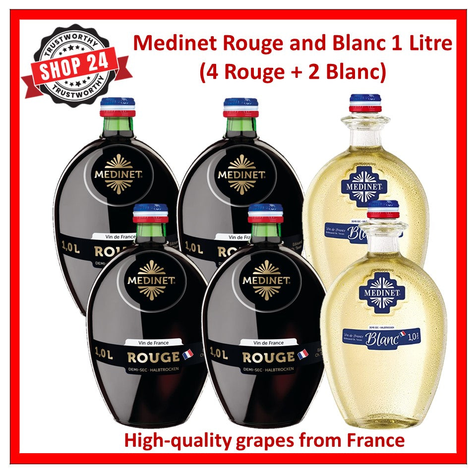 SHOP24 MEDINET ROUGE & BLANC 1000ml Red and White Wine Carton Sale(4 Bottles Rouge + 2 bottles Blanc), High quality grapes from France