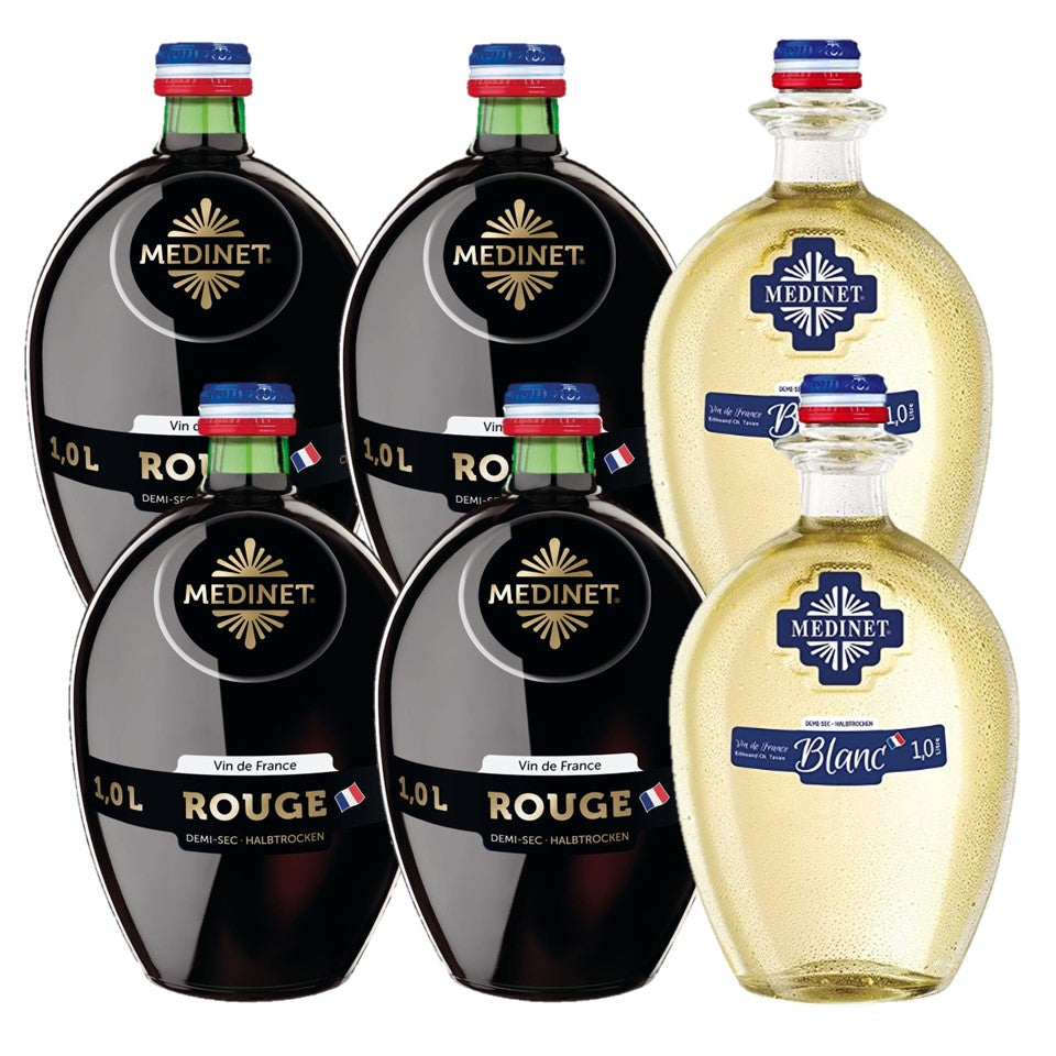 SHOP24 MEDINET ROUGE & BLANC 1000ml Red and White Wine Carton Sale(4 Bottles Rouge + 2 bottles Blanc), High quality grapes from France