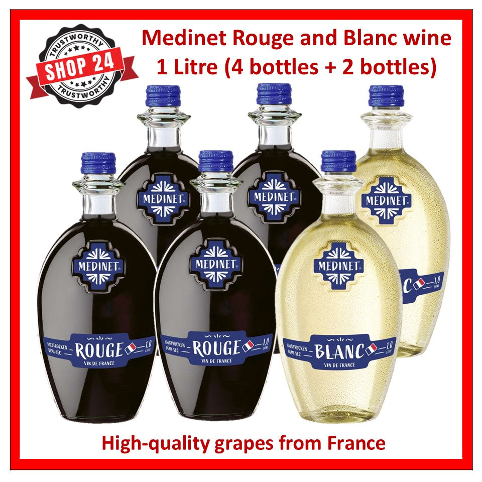 SHOP24 MEDINET ROUGE & BLANC 1000ml Red and White Wine Carton Sale(4 Bottles Rouge + 2 bottles Blanc), High quality grapes from France
