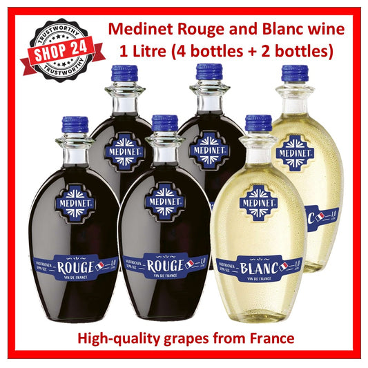 SHOP24 MEDINET ROUGE & BLANC 1000ml Red and White Wine Carton Sale(4 Bottles Rouge + 2 bottles Blanc), High quality grapes from France