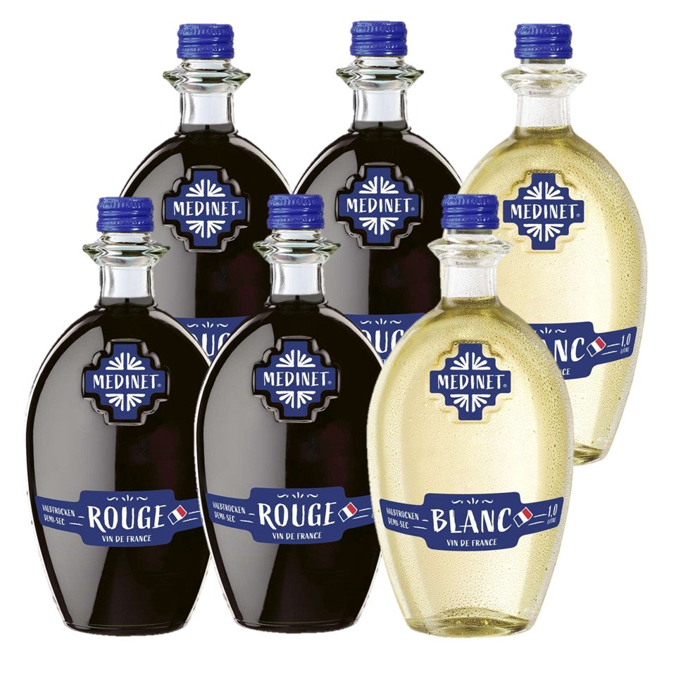 SHOP24 MEDINET ROUGE & BLANC 1000ml Red and White Wine Carton Sale(4 Bottles Rouge + 2 bottles Blanc), High quality grapes from France