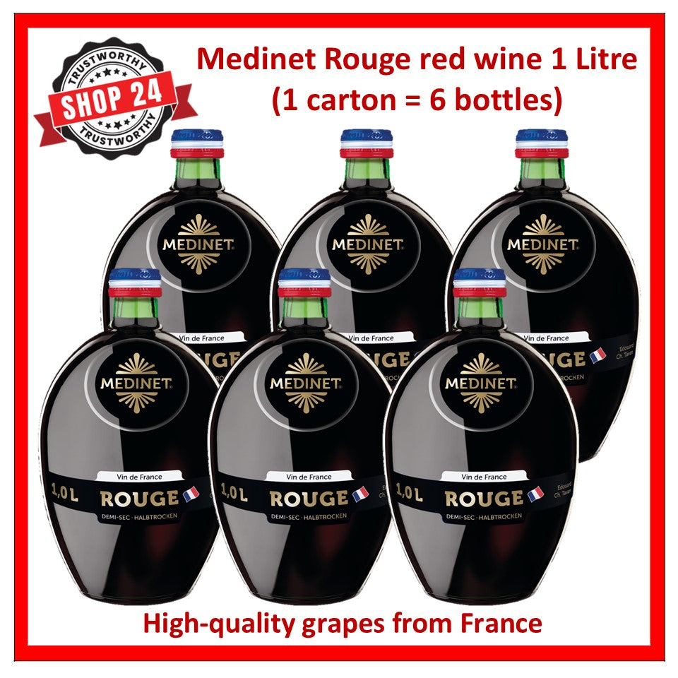 SHOP24 MEDINET ROUGE 1000ml Red Wine Carton Sale(6 Bottles), High quality grapes from France, 12% alcohol