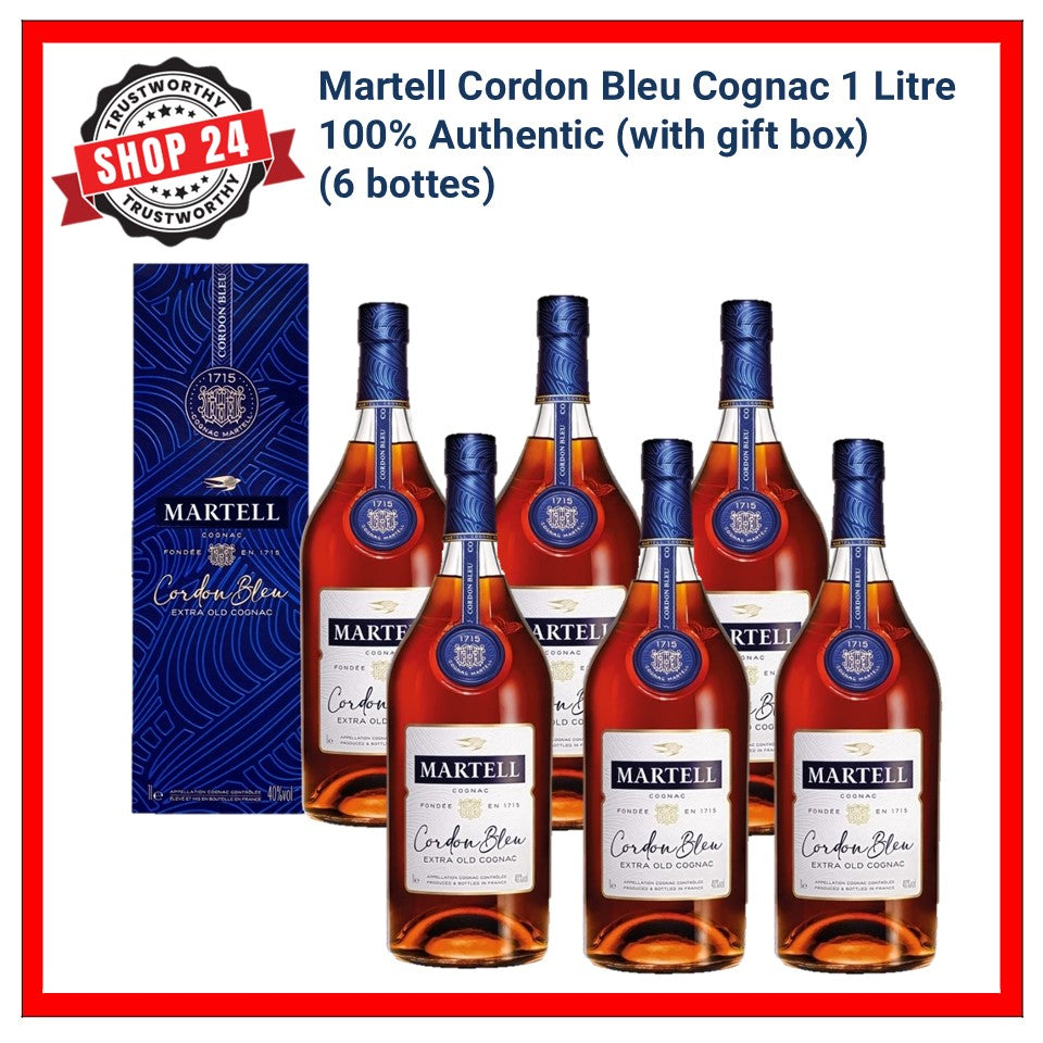 SHOP24 Martell Cordon Bleu Cognac 1L (6 Bottles) - Exceptionally Rounded, Mellow Sensation with Gift Box 100% Authentic