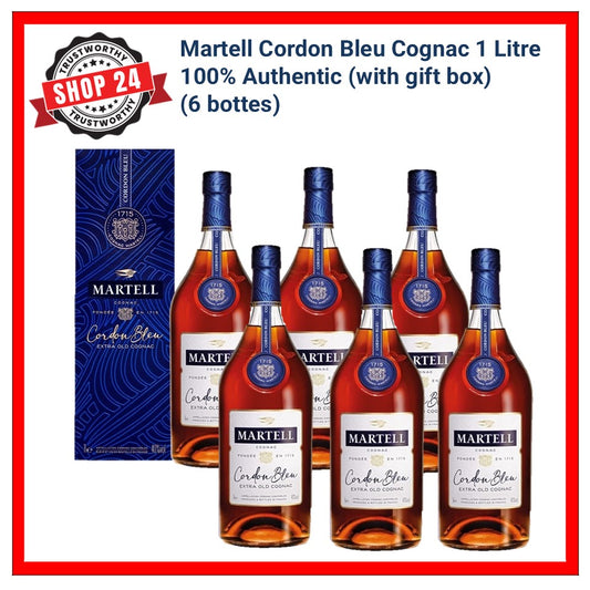 SHOP24 Martell Cordon Bleu Cognac 1L (6 Bottles) - Exceptionally Rounded, Mellow Sensation with Gift Box 100% Authentic