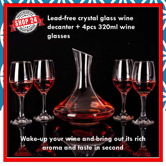 SHOP24 Crystal glass wine decanter red wine pourer container lead-free crystal glass material personality wake-up wine jug 1500ml with 4 pieces 350ml wine glasses