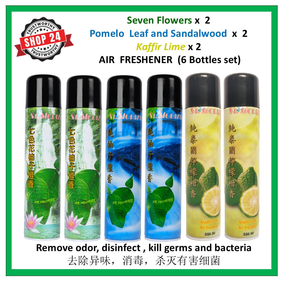 ST.MORITZ Seven Flowers x 2 + Pomelo Leaf & Sandalwood x 2 + Kaffir Lime x 2 Air Freshener 300ml (6 bottles set) shop24.sg