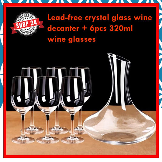 SHOP24 Crystal glass wine decanter red wine pourer container lead-free crystal glass material personality wake-up wine jug 1500ml with 6 pieces 350ml wine glasses