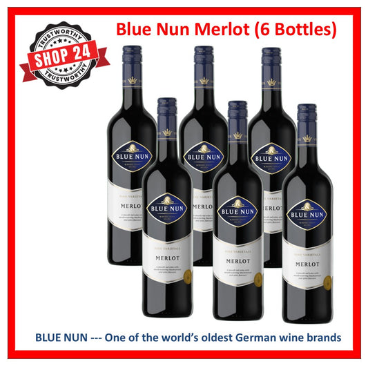 SHOP24 BLUE NUN MERLOT( 6 bottles) quality red wine from Germany 750ml 13% Alc for gathering and all occasion celebration