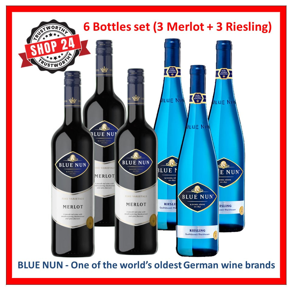 SHOP24 BLUE NUN MERLOT and Riesling quality red and white wine from Germany 750ml (3 bottles each) for gathering and all occasion celebration