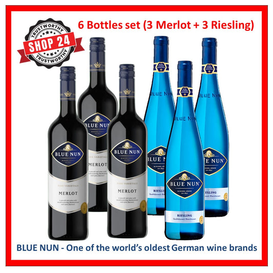 SHOP24 BLUE NUN MERLOT and Riesling quality red and white wine from Germany 750ml (3 bottles each) for gathering and all occasion celebration