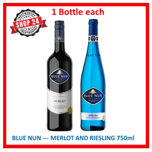 SHOP24 BLUE NUN MERLOT and Riesling quality wine from Germany 750ml (1 bottle each) your best choice for gathering and all occasion celebration