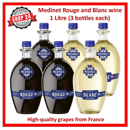 SHOP24 MEDINET ROUGE & BLANC 1000ml Red and White Wine Carton Sale(3 bottles each), High quality grapes from France