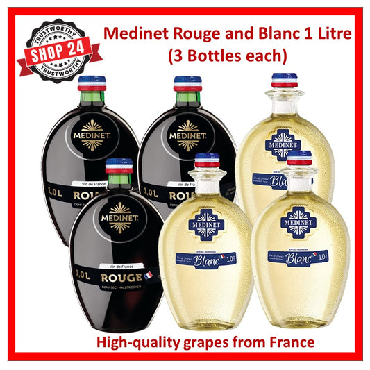 SHOP24 MEDINET ROUGE & BLANC 1000ml Red and White Wine Carton Sale(3 bottles each), High quality grapes from France