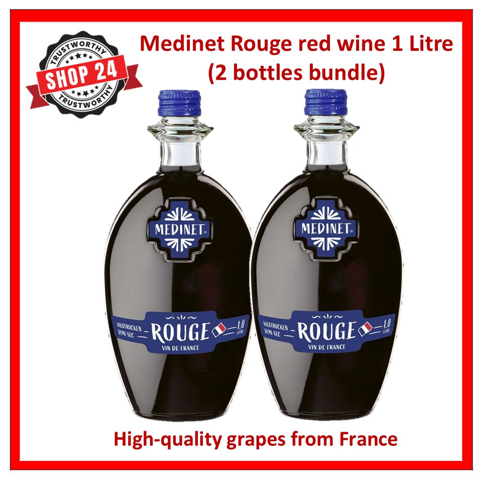 SHOP24 MEDINET ROUGE 1000ml Red Wine(2 Bottles), High quality grapes from France, 12% alcohol