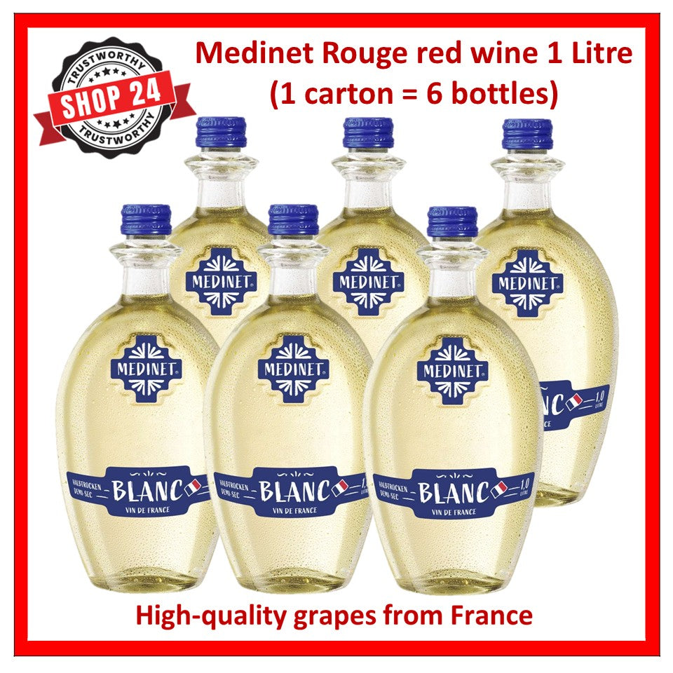 SHOP24 MEDINET BLANC 1000ml Wine Carton Sale(6 Bottles), High quality grapes from France, 11% alcohol